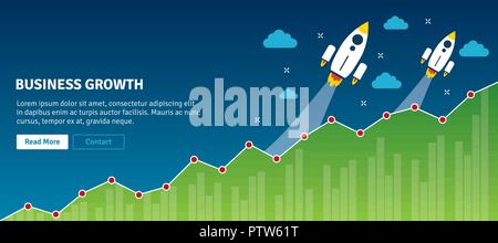 Rocket battenti sul grafico della crescita. Concetto di successo, la crescita aziendale e la pianificazione delle attività di business e di successo, aumento delle vendite, di analisi e di investimento. F Illustrazione Vettoriale