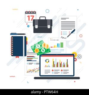 Relazione con gli investimenti dati e grafici e crescita su schermo del computer portatile e imprenditore mano. Icona Calendario, calcolatrice, denaro, nella valigetta e documenti. Fl Illustrazione Vettoriale