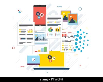 Laptop, computer e telefono cellulare l'eliminazione di file e documenti. Appartamento illustrazione vettoriale. Illustrazione Vettoriale