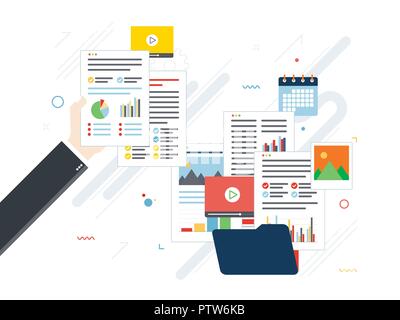 Cartella con documenti finanziari, i file di dati, video e foto. Le mani con i fogli dei dati di analisi. Contratto firma. Documenti aziendali pergamo Illustrazione Vettoriale