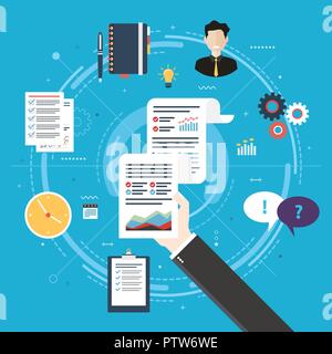 Relazione con gli investimenti di dati e grafici di crescita sul foglio di carta nelle mani di un imprenditore. Contatto icona agenda, discorso bolla, documenti e bu Illustrazione Vettoriale