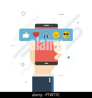 Mano umana tenendo il telefono cellulare con la rete sociale emoticon di feedback : Thumbs up, simili, sorriso, auricolare, faccia occhiali da sole sullo schermo. Concetto della plancia Illustrazione Vettoriale