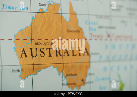 Australia Paese sulla mappa cartacea vista ravvicinata Foto Stock