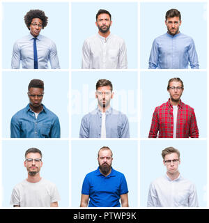 Collage di gruppo di business casual e gli uomini su sfondo isolato premuto e la preoccupazione per la sofferenza, gridando arrabbiato e paura. Triste espressione. Foto Stock