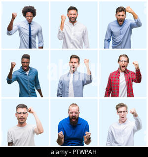 Collage di gruppo di business casual e gli uomini su sfondo isolato e arrabbiato mad sollevamento pugno frustrato e furiosa mentre grida con rabbia. Rage Foto Stock