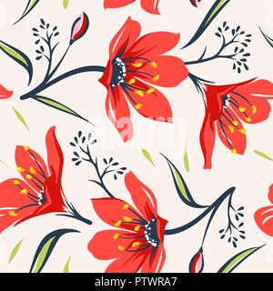 Floral background senza soluzione di continuità con il rosso fiori selvatici. Utilizzare per il disegno di tessuto, riempimenti e decorare cartoline di auguri o di inviti Illustrazione Vettoriale