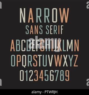 Restringere sans serif font. Condensati a mano lettere e numeri Illustrazione Vettoriale