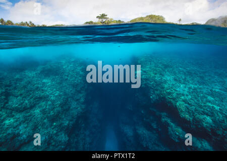 Split shot fotografia subacquea del reef lungo Isola Niue la linea costiera Foto Stock