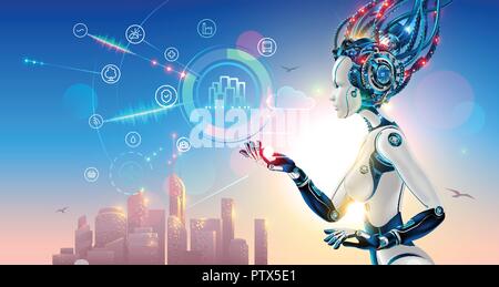 Intelligenza artificiale controlla smart city via internet e interfaccia hud con icone di infrastrutture urbane. tecnologia iot nelle tecnologie di informazione e comunicazione. Il robot o Cyborg donna con IA Illustrazione Vettoriale