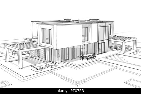3D rendering schizzo della moderna casa accogliente dal fiume con garage in vendita o in affitto. Linea nera sketch con luce tenue ombre su sfondo bianco. Foto Stock