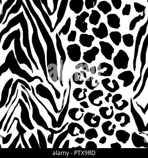 Pennello tigre dipinta seamless pattern. Bianco e nero strisce di leopard grunge background. Illustrazione Vettoriale