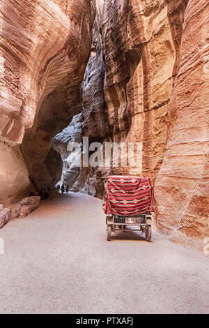 Una carrozza trainata da cavalli si sta dirigendo verso il basso il canyon stretto o siq che conduce all'antica città di Petra in Giordania. Foto Stock