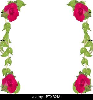 Telaio del vettore di foglie e rametti di rose rosse realistica per decorazione eventi isolati su sfondo bianco Illustrazione Vettoriale