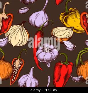 Vector pattern senza giunture di cipolle , aglio e peperoncino. Disegnato a mano illustrazione vettoriale Illustrazione Vettoriale