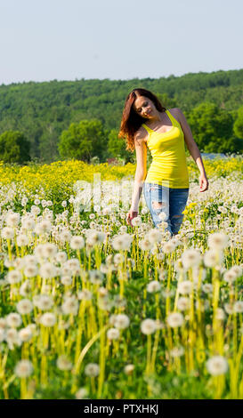 La donna cammina su un campo verde con i dandelions Foto Stock