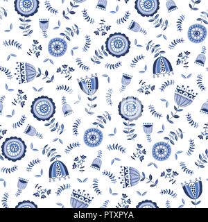 Folk fiori blu sullo sfondo bianco Vector Seamless Pattern. Hand-Drawn Delft blumi. Tradizionale Flora monocromatica. Allover scandinavo Nordic scarabocchio. Illustrazione Vettoriale
