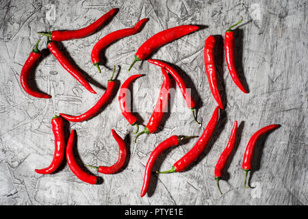 Red hot chili pepper pod vicino - fino sul cemento grigio Sfondo. Messa a fuoco selettiva e spazio di copia Foto Stock