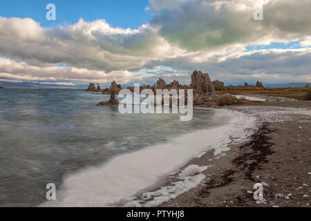 Schiuma bianca formata lungo il lago Mono litorale su una ventosa mattina autunnale, Lee Vining, California, Stati Uniti. Foto Stock