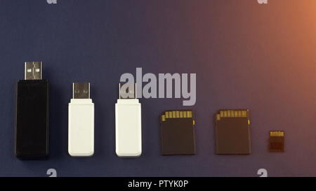 Diverse unità flash USB e schede di memoria su uno sfondo blu Foto Stock