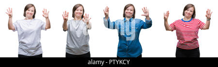 Collage di down sydrome donna isolato su sfondo mostrante e rivolta verso l'alto con le dita in numero nove mentre sorridente fiducioso e contento. Foto Stock