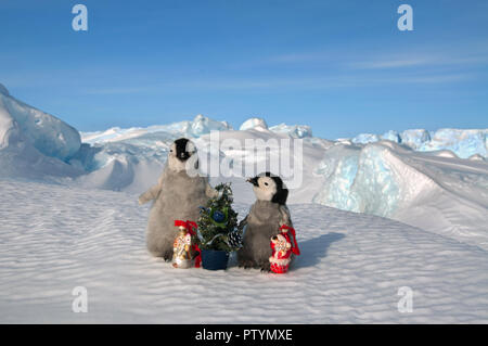 Due piccoli cuccioli di pinguini stand nella neve contro lo sfondo di un iceberg. Antartico. Foto Stock