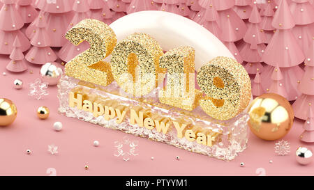 2019 Felice Anno Nuovo isometrica, 3D illustrazione nella millenaria colori rosa e gli alberi di Natale con decorazioni. Foto Stock