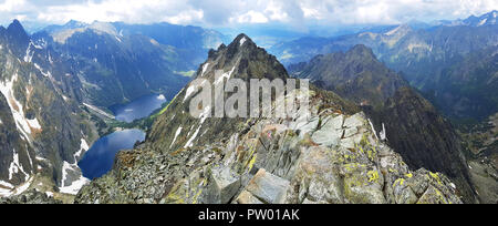 Morskie Oko. Alti Tatra, Polonia, 27 maggio 2018. Lo splendido paesaggio di montagna innevata cime e il lago tra loro. Vista dal Monte Rysy. Foto Stock