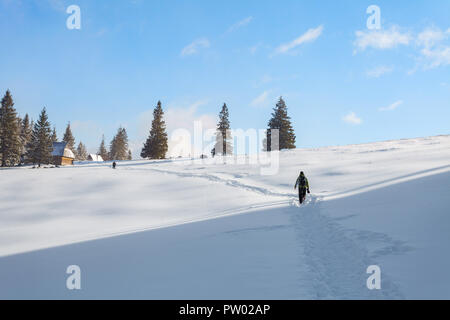 Paesaggio invernale del turista a piedi il 'Rusinowa Polana' - radura in Tatry montagne, Polonia Foto Stock