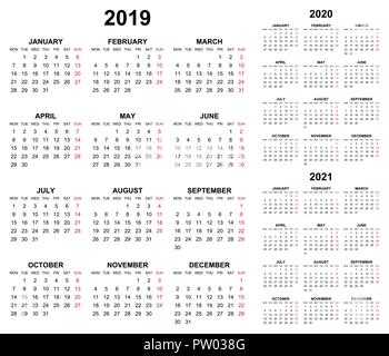 Semplice vettore modificabili i calendari per l'anno 2019 2020 2021 lunedì prima domenica in rosso Illustrazione Vettoriale