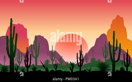 Tramonto in un deserto pietroso con cactus. Sagome di pietre, cactus e piante. Il paesaggio del deserto con cactus. Il deserto pietroso. Illustrazione Vettoriale