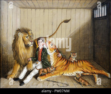 Domatore di leoni o Lion Trainer "In the Lion's Den' o gabbia da W.H.Rogers 1825-73 arte naif, arte popolare o arte brut, olio su tela Inghilterra Foto Stock