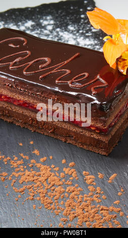 Un pezzo di torta Sacher. Dof poco profondo. Foto Stock