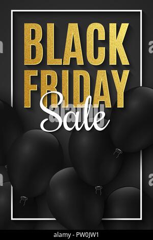 Venerdì nero Vendita banner. Realistico palloncini neri su uno sfondo scuro. Grandi sconti. Per il vostro progetto di business. Golden luccica. Web flyer. Vettore Illustrazione Vettoriale