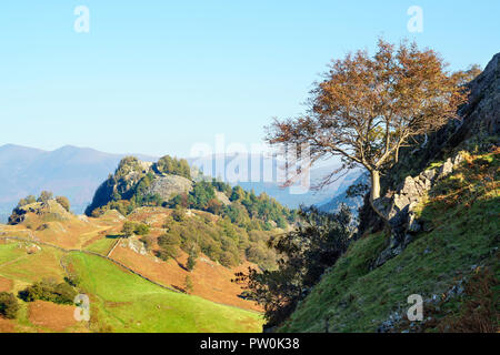 Vista autunnale della rupe del castello da Borrowdale valley, Cumbria, England, Regno Unito Foto Stock