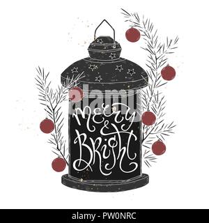 Spazzola di Natale scritte poste in una forma di una vacanza decorate lanterna e dicendo allegro e luminoso. Illustrazione Vettoriale