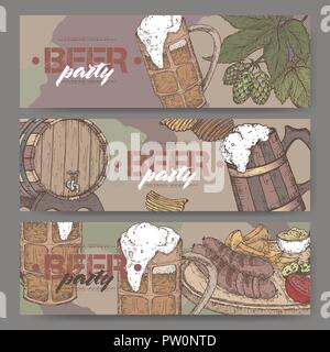 Tre colori del paesaggio festa della birra banner con il barile di birra, mug, patatine, filiale di luppolo e snack piastra. Illustrazione Vettoriale