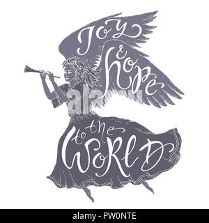 Spazzola di Natale scritte poste in una forma di un angelo volante e dicendo di gioia e di speranza per il mondo. Illustrazione Vettoriale