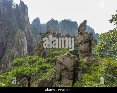 Stranamente-modellate rocce su un nebbioso giorno durante il tempo primaverile. Il paesaggio della montagna di Huangshan. in Cina Foto Stock