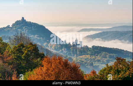 Hill Drachenfels con le rovine del castello e il castello Drachenburg in Siebenbirge, nebbia di mattina si alzò dalla valle del fiume Reno, Königswinter Germania Foto Stock