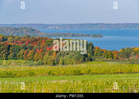 Braccio ovest del Grand Traverse Bay da alta della vecchia missione penisola in autunno. Foto Stock