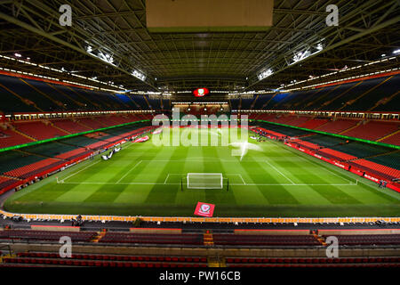 Cardiff, Galles, UK. 11 ottobre 2018 , Principato Stadium di Cardiff, Galles ; amichevole internazionale, Galles v Spagna ; una vista generale del Principato Stadium, casa del Galles calcio credito laterale: Craig Thomas/News immagini Credito: News immagini /Alamy Live News Foto Stock