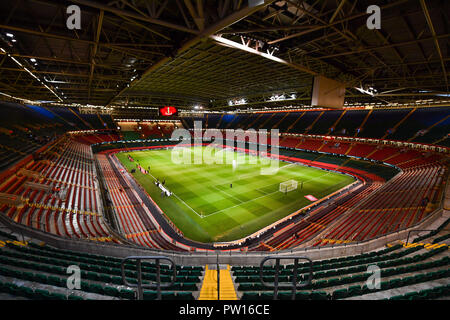 Cardiff, Galles, UK. 11 ottobre 2018 , Principato Stadium di Cardiff, Galles ; amichevole internazionale, Galles v Spagna ; una vista generale del Principato Stadium, casa del Galles calcio credito laterale: Craig Thomas/News immagini Credito: News immagini /Alamy Live News Foto Stock