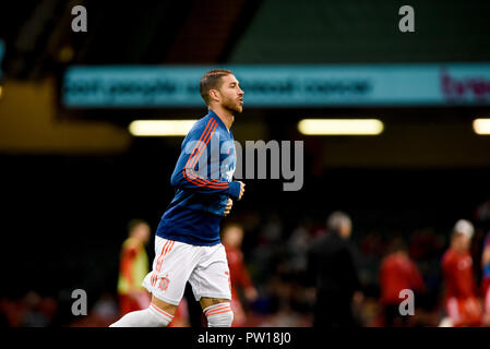 Cardiff, Regno Unito. 11 ott 2018. Il Galles v Spagna, International Football Friendly, dello Stadio Nazionale del Galles, 11/10/18: Spagna Sergio Ramos Credito: Andrew Dowling/Fotografia influenti/Alamy Live News Foto Stock