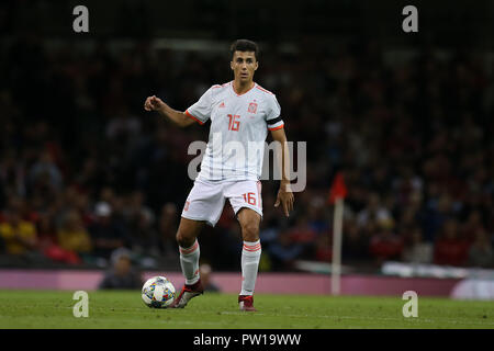 Cardiff, Regno Unito. 11 ott 2018. Rodri della Spagna in azione.il calcio amichevoli internazionali corrispondono, Galles v Spagna presso il Principato Stadium di Cardiff , Galles del Sud giovedì 11 ottobre 2018. foto da Andrew Orchard/Alamy Live News Foto Stock