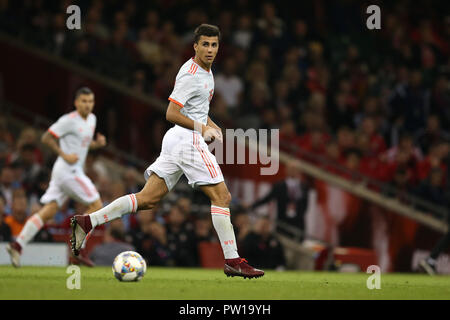 Cardiff, Regno Unito. 11 ott 2018. Rodri della Spagna in azione.il calcio amichevoli internazionali corrispondono, Galles v Spagna presso il Principato Stadium di Cardiff , Galles del Sud giovedì 11 ottobre 2018. foto da Andrew Orchard/Alamy Live News Foto Stock