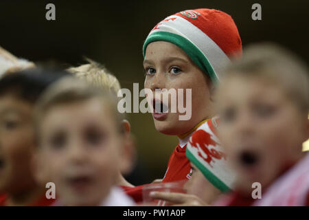 Cardiff, Regno Unito. Xi Ott 2018. giovani fan del Galles. Il calcio amichevoli internazionali corrispondono, Galles v Spagna presso il Principato Stadium di Cardiff , Galles del Sud giovedì 11 ottobre 2018. foto da Andrew Orchard/Alamy Live News Foto Stock