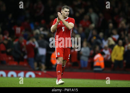 Cardiff, Regno Unito. 11 ott 2018. Sam Vokes del Galles. Il calcio amichevoli internazionali corrispondono, Galles v Spagna presso il Principato Stadium di Cardiff , Galles del Sud giovedì 11 ottobre 2018. foto da Andrew Orchard/Alamy Live News Foto Stock