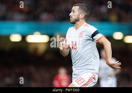 Cardiff - Galles - UK - 11 ottobre 2018 amichevole internazionale tra Galles e Spagna presso lo stadio nazionale del Galles : Jose Gaya della Spagna. Credito: Phil Rees/Alamy Live News Foto Stock