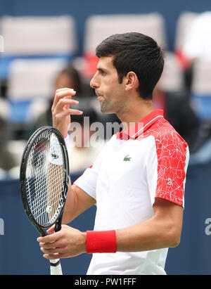 Shanghai. Xii oct, 2018. La Serbia il Novak Djokovic reagisce durante gli uomini singoli quarti match contro Kevin Anderson del Sudafrica presso il Masters di Shanghai il torneo di tennis su ottobre 12, 2018. Novak Djokovic ha vinto 2-0. Credito: Ding Ting/Xinhua/Alamy Live News Foto Stock
