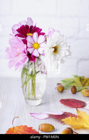 Un piccolo vaso con fiori di autunno è sul tavolo di colore giallo e con foglie rosse e caduti ghiande Foto Stock